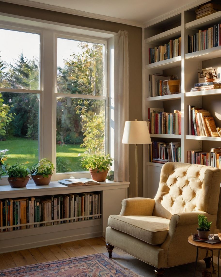 Reading nook bathed in amber lamp glow beside neatly stacked notebooks